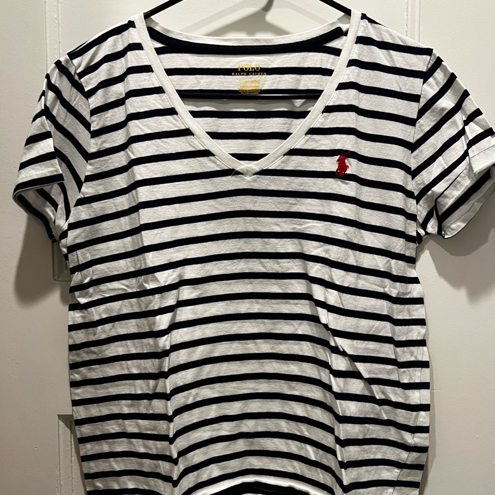 Polo by Ralph Lauren White Tee with Navy Stripes and Yellow Logo